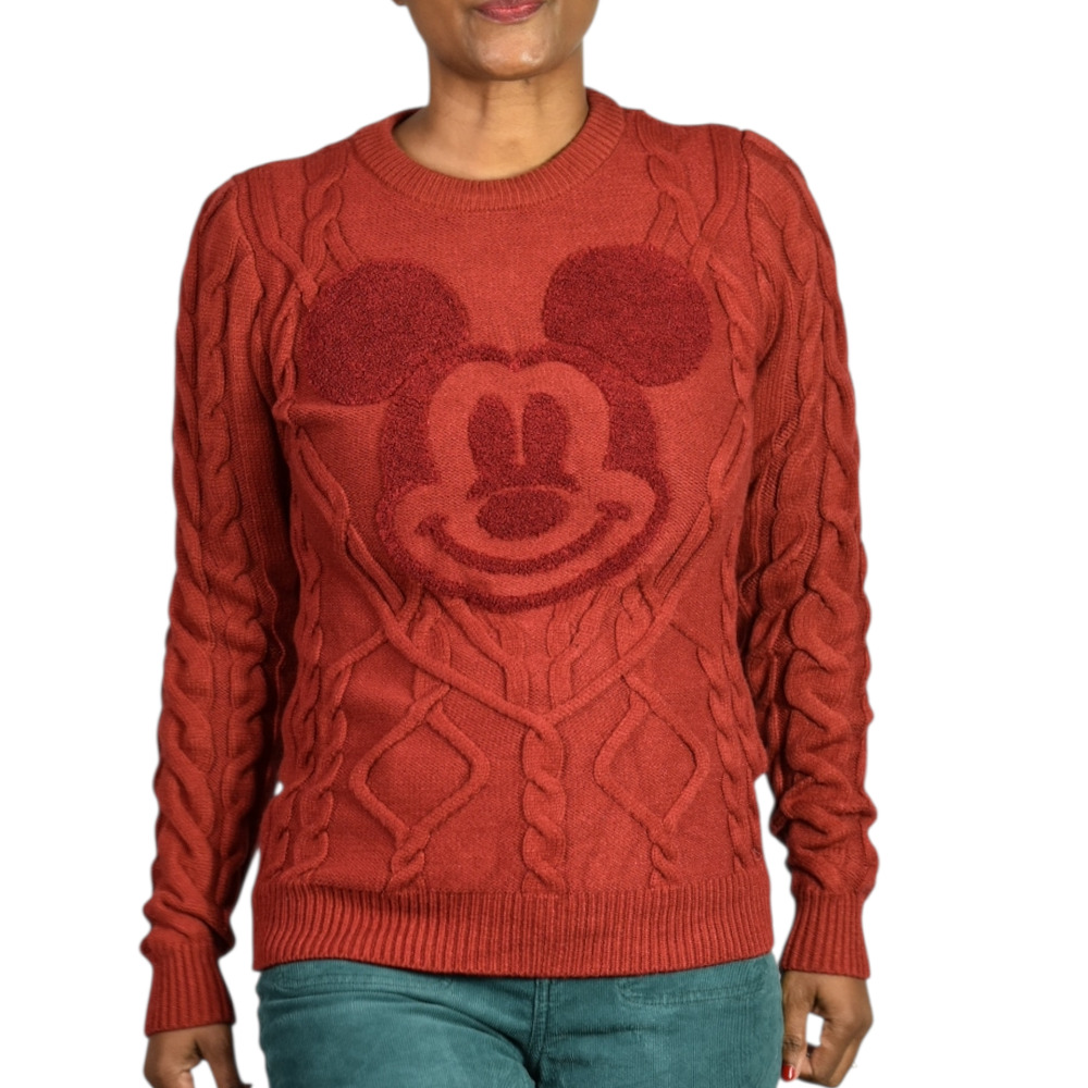 Disney Parks Mickey Mouse Cable Knit Sweater Red Pullover Textured Crew Neck XS